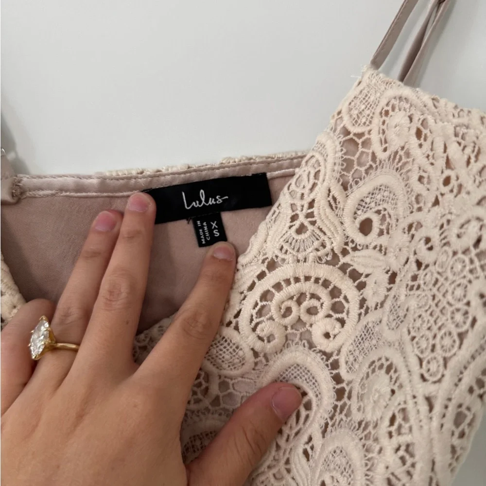 Lulus Maylene Champagne Satin Crochet Lace Slip Mini Dress - Picture 5 of 7